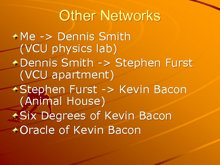 Other Networks Me -> Dennis Smith (VCU physics lab) Dennis Smith -> Stephen Furst