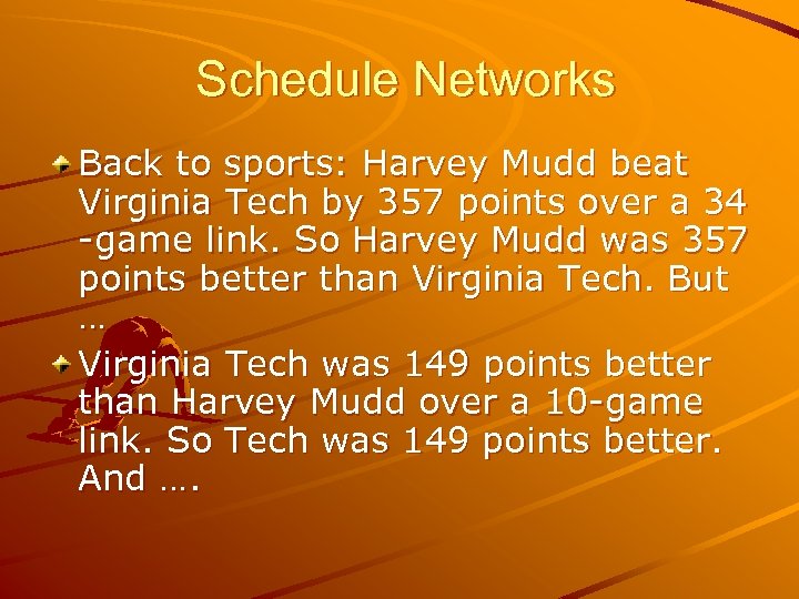 Schedule Networks Back to sports: Harvey Mudd beat Virginia Tech by 357 points over