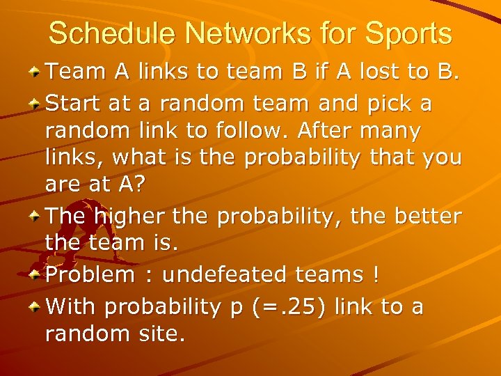 Schedule Networks for Sports Team A links to team B if A lost to