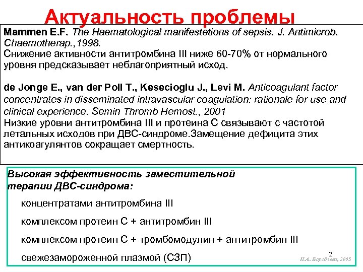 Актуальность проблемы Mammen E. F. The Haematological manifestetions of sepsis. J. Antimicrob. Chaemotherap. ,