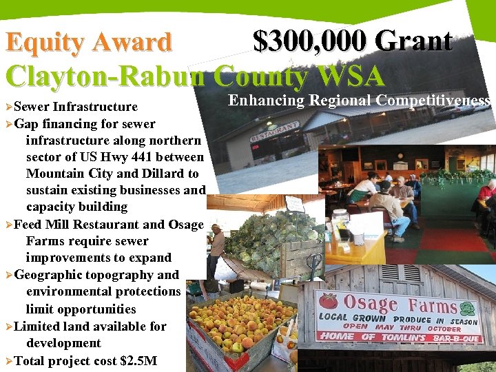 $300, 000 Grant Clayton-Rabun County WSA Equity Award ØSewer Infrastructure ØGap financing for sewer