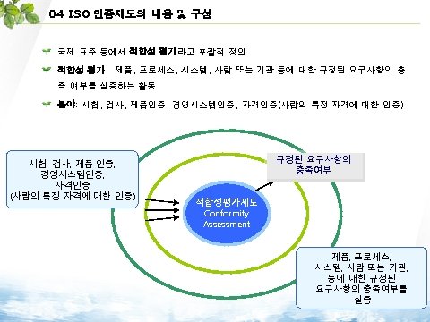 04 ISO 인증제도의 내용 및 구성 국제 표준 등에서 적합성 평가라고 포괄적 정의 적합성