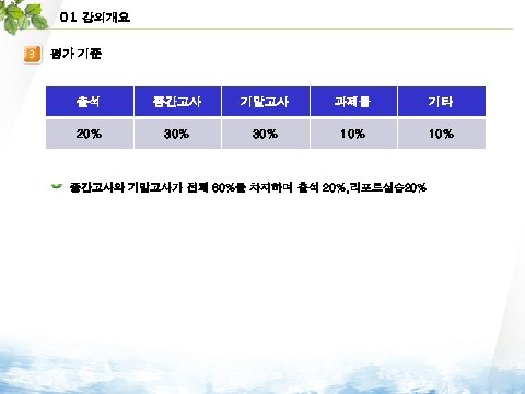 01 강의개요 3 평가 기준 출석 중간고사 기말고사 과제물 기타 20% 30% 10% 중간고사와