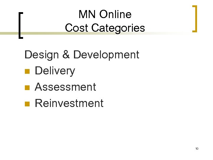 MN Online Cost Categories Design & Development n Delivery n Assessment n Reinvestment 10