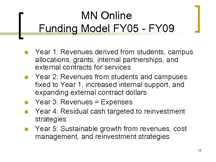 MN Online Funding Model FY 05 - FY 09 n n n Year 1: