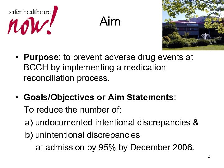 Aim • Purpose: to prevent adverse drug events at BCCH by implementing a medication