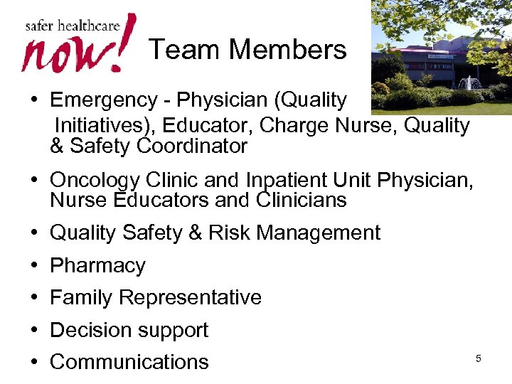 Team Members • Emergency - Physician (Quality Initiatives), Educator, Charge Nurse, Quality & Safety