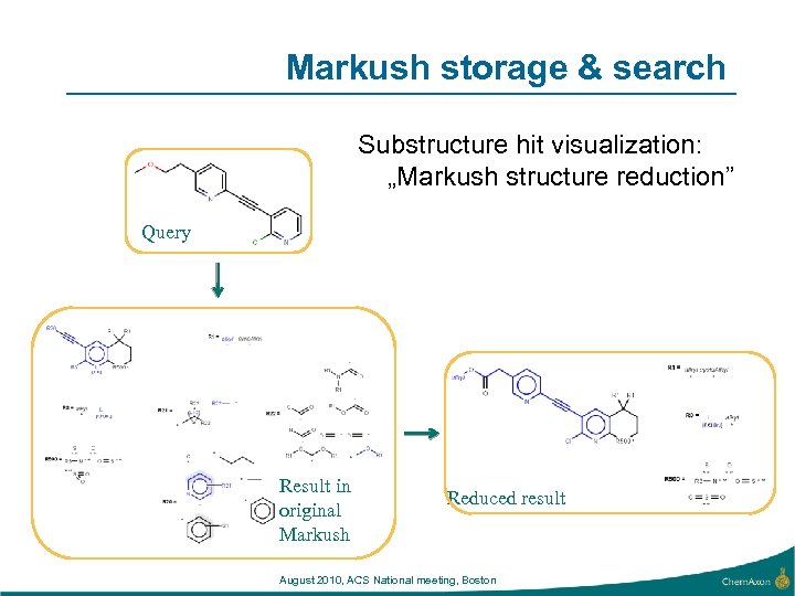 Markush storage & search Substructure hit visualization: „Markush structure reduction” Query Result in original