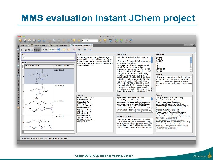 MMS evaluation Instant JChem project August 2010, ACS National meeting, Boston 