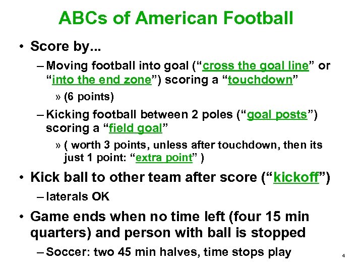 ABCs of American Football • Score by. . . – Moving football into goal