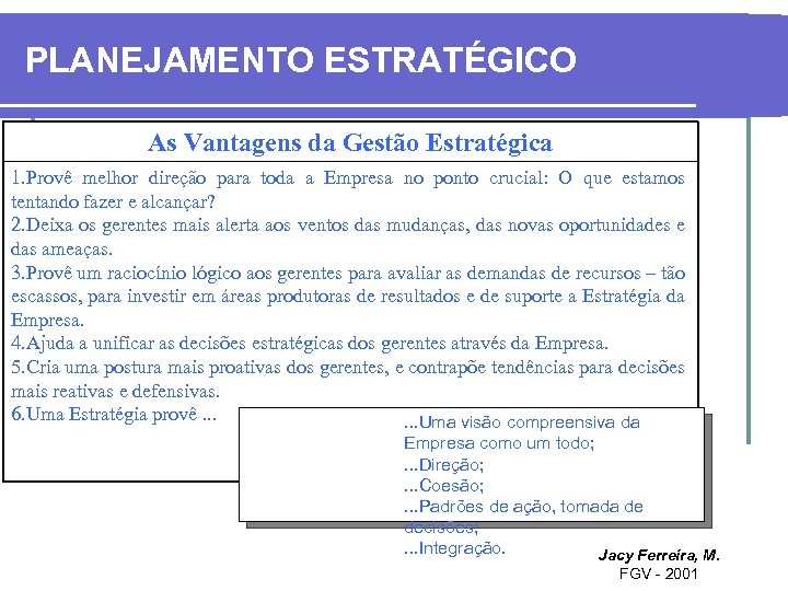 PLANEJAMENTO ESTRATÉGICO As Vantagens da Gestão Estratégica 1. Provê melhor direção para toda a