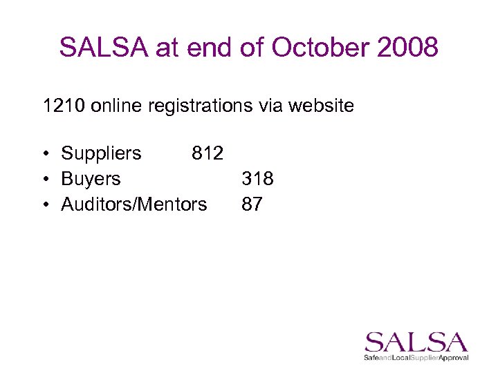 SALSA at end of October 2008 1210 online registrations via website • Suppliers 812