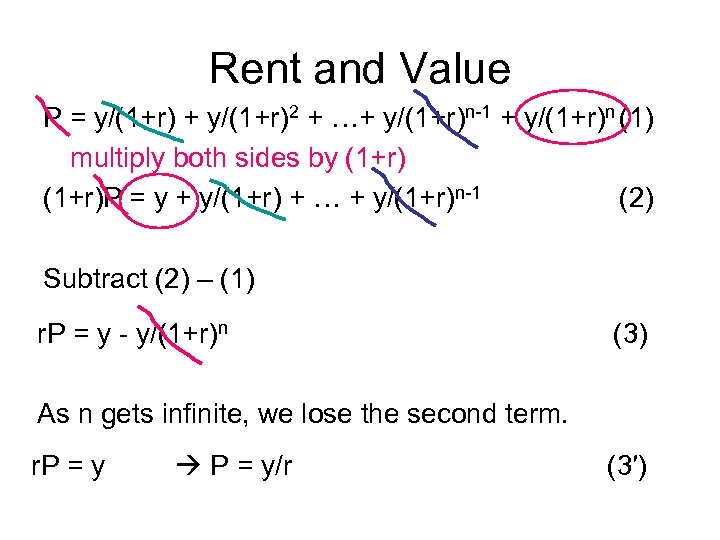 Rent and Value P = y/(1+r) + y/(1+r)2 + …+ y/(1+r)n-1 + y/(1+r)n (1)