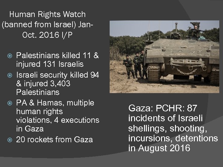 Human Rights Watch (banned from Israel) Jan. Oct. 2016 I/P Palestinians killed 11 &