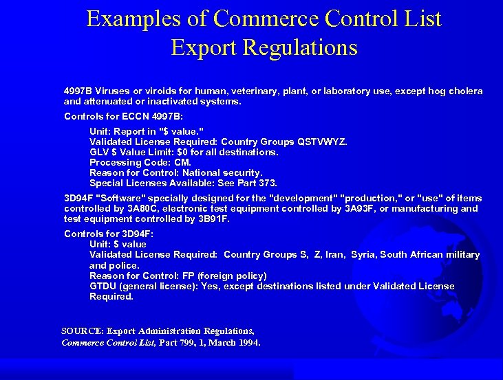 Examples of Commerce Control List Export Regulations 4997 B Viruses or viroids for human,