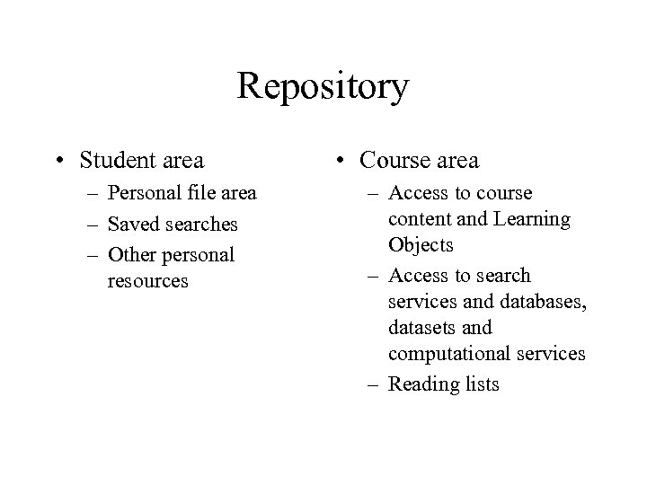 Repository • Student area – Personal file area – Saved searches – Other personal