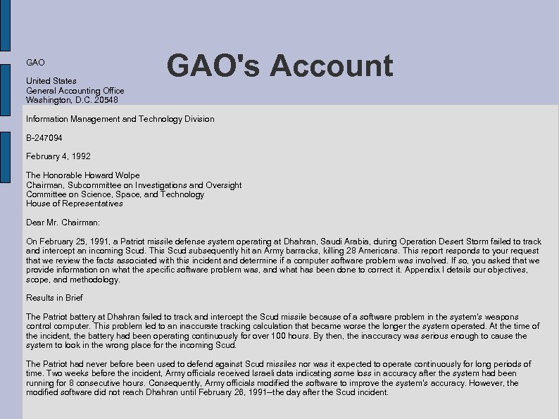 GAO United States General Accounting Office Washington, D. C. 20548 GAO's Account Information Management
