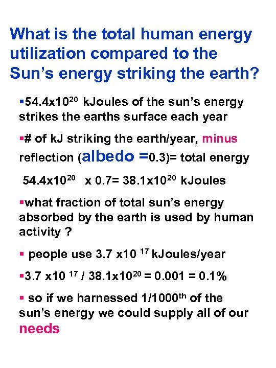 What is the total human energy utilization compared to the Sun’s energy striking the