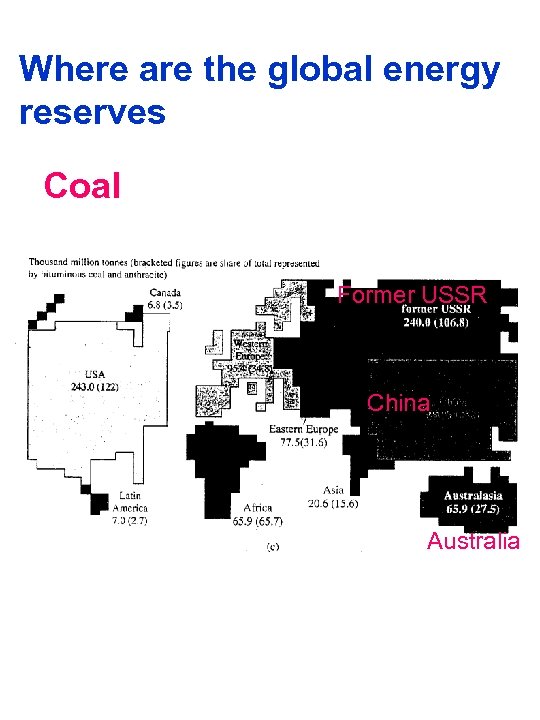 Where are the global energy reserves Coal Former USSR China Australia 