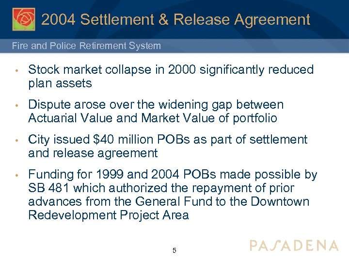 2004 Settlement & Release Agreement Fire and Police Retirement System • Stock market collapse