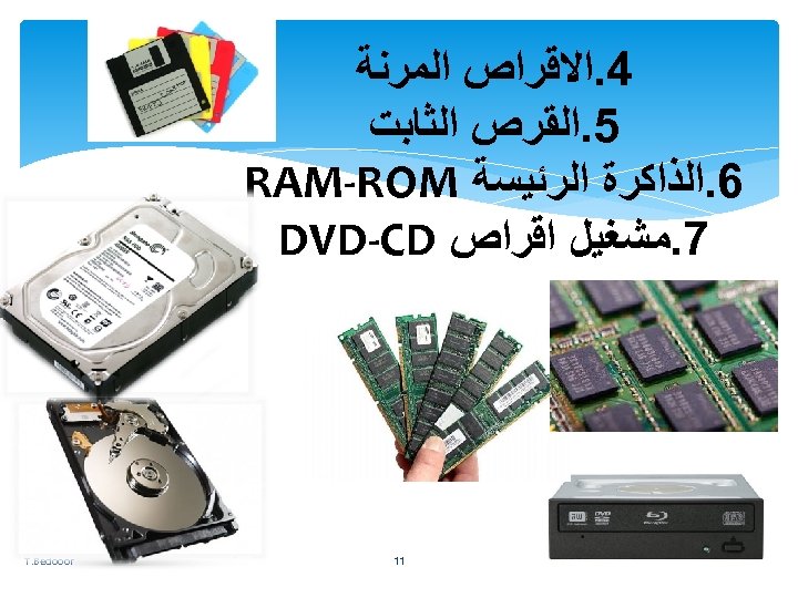  4. ﺍﻻﻗﺮﺍﺹ ﺍﻟﻤﺮﻧﺔ 5. ﺍﻟﻘﺮﺹ ﺍﻟﺜﺎﺑﺖ 6. ﺍﻟﺬﺍﻛﺮﺓ ﺍﻟﺮﺋﻴﺴﺔ RAM-ROM 7. ﻣﺸﻐﻴﻞ ﺍﻗﺮﺍﺹ