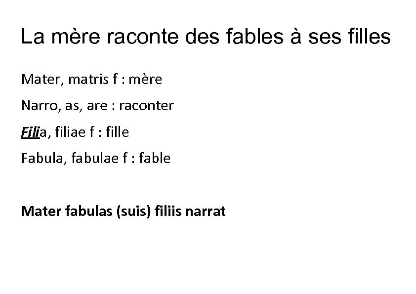 La mère raconte des fables à ses filles Mater, matris f : mère Narro,