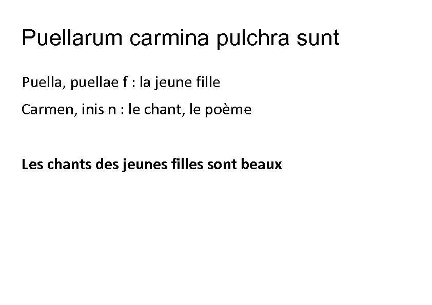 Puellarum carmina pulchra sunt Puella, puellae f : la jeune fille Carmen, inis n