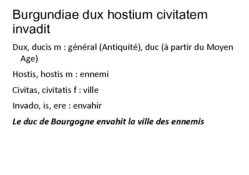 Burgundiae dux hostium civitatem invadit Dux, ducis m : général (Antiquité), duc (à partir