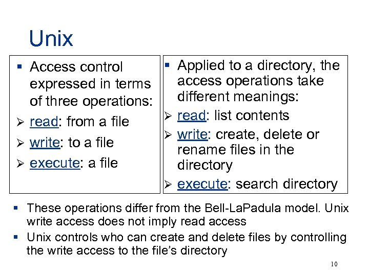 Unix § Applied to a directory, the § Access control access operations take expressed