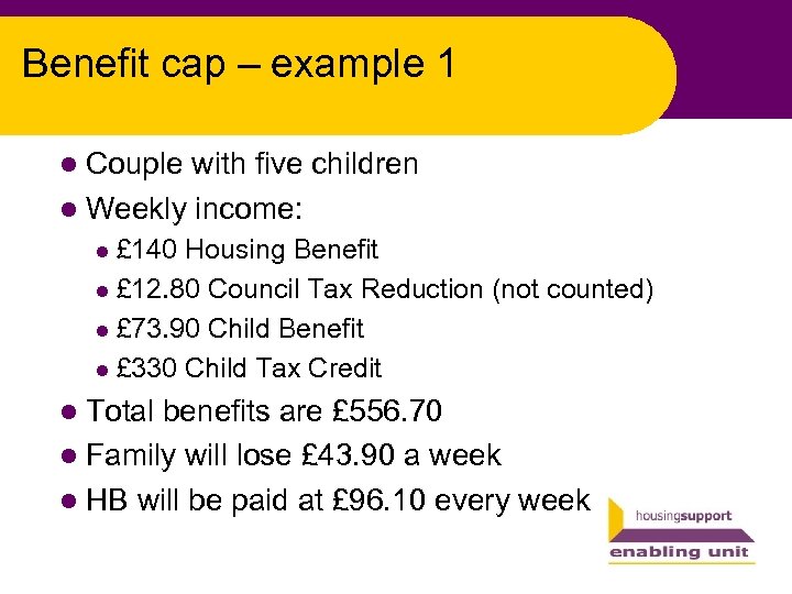 Benefit cap – example 1 l Couple with five children l Weekly income: £