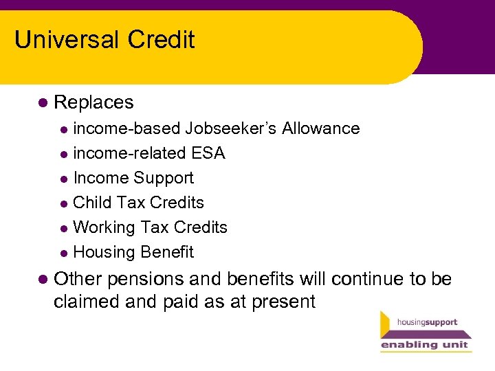 Universal Credit l Replaces income-based Jobseeker’s Allowance l income-related ESA l Income Support l