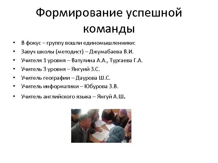 Формирование успешной команды • • • В фокус – группу вошли единомышленники: Завуч школы