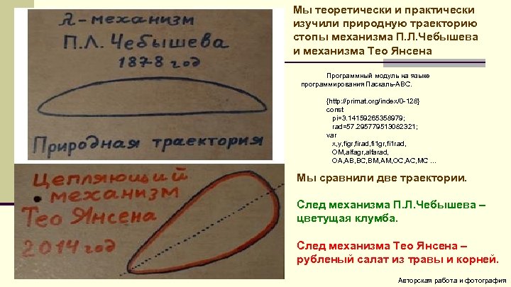 Мы теоретически и практически изучили природную траекторию стопы механизма П. Л. Чебышева и механизма