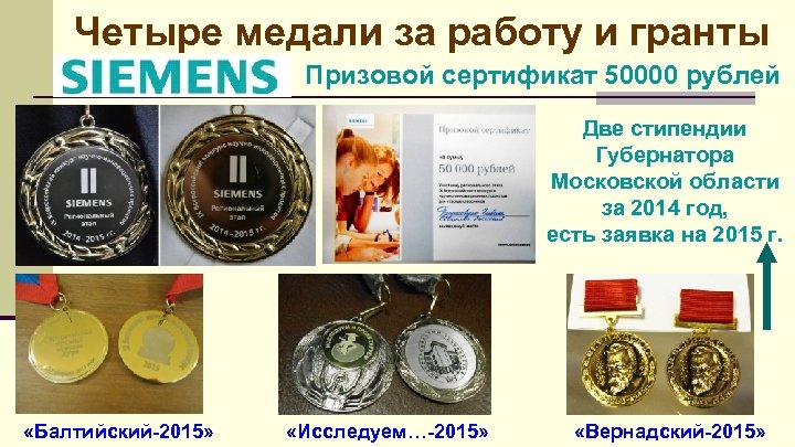 Четыре медали за работу и гранты Призовой сертификат 50000 рублей Две стипендии Губернатора Московской