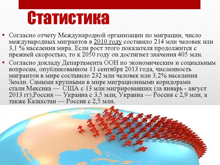 Статистика • Согласно отчету Международной организации по миграции, число международных мигрантов в 2010 году