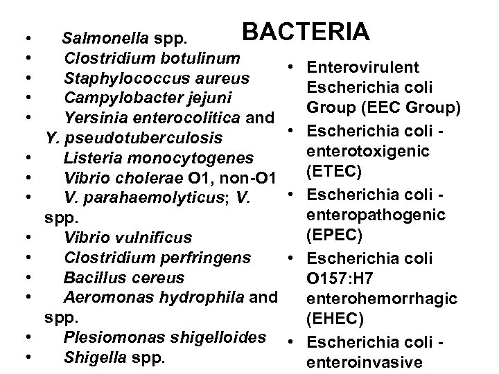  • • • • BACTERIA Salmonella spp. Clostridium botulinum • Enterovirulent Staphylococcus aureus