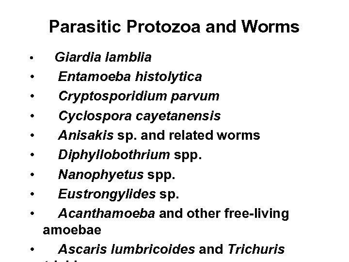 Parasitic Protozoa and Worms • • • Giardia lamblia Entamoeba histolytica Cryptosporidium parvum Cyclospora