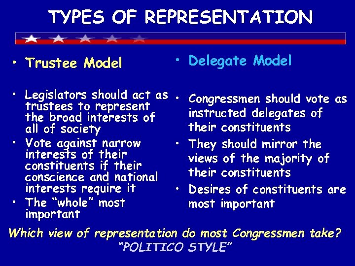 TYPES OF REPRESENTATION • Trustee Model • Delegate Model • Legislators should act as