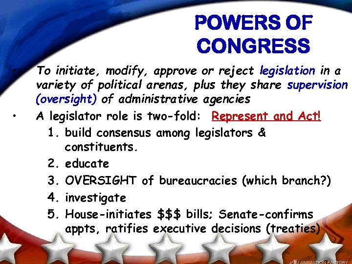 POWERS OF CONGRESS • • To initiate, modify, approve or reject legislation in a