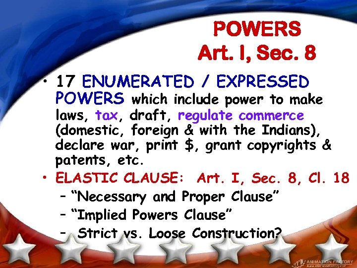 POWERS Art. I, Sec. 8 • 17 ENUMERATED / EXPRESSED POWERS which include power