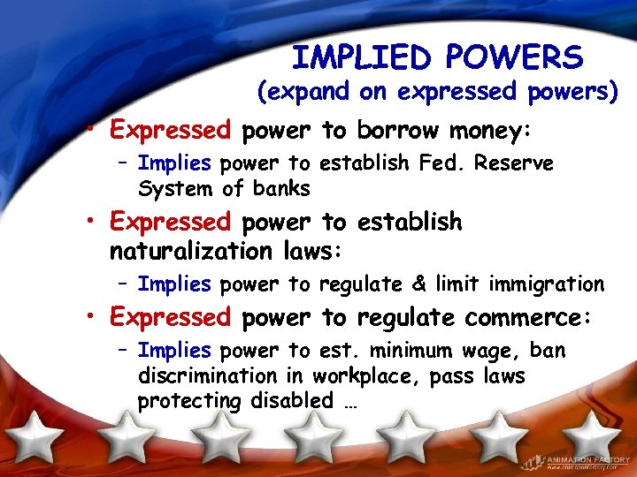 IMPLIED POWERS (expand on expressed powers) • Expressed power to borrow money: – Implies