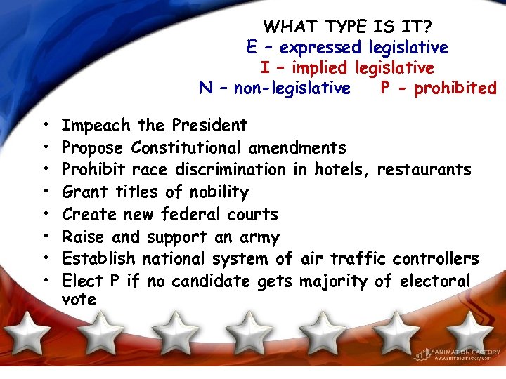 WHAT TYPE IS IT? E – expressed legislative I – implied legislative N –