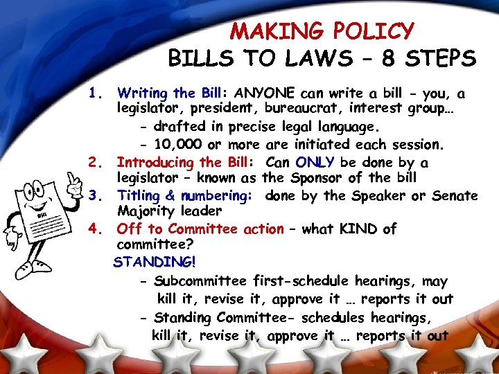 MAKING POLICY BILLS TO LAWS – 8 STEPS 1. Writing the Bill: ANYONE can