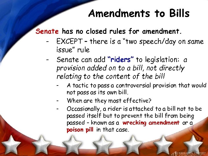 Amendments to Bills Senate has no closed rules for amendment. - EXCEPT – there