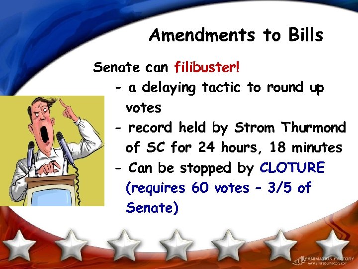 Amendments to Bills Senate can filibuster! - a delaying tactic to round up votes