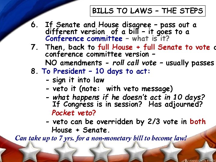 BILLS TO LAWS – THE STEPS 6. If Senate and House disagree – pass