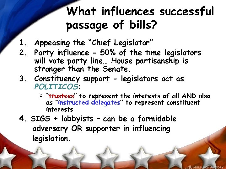 What influences successful passage of bills? 1. Appeasing the “Chief Legislator” 2. Party influence