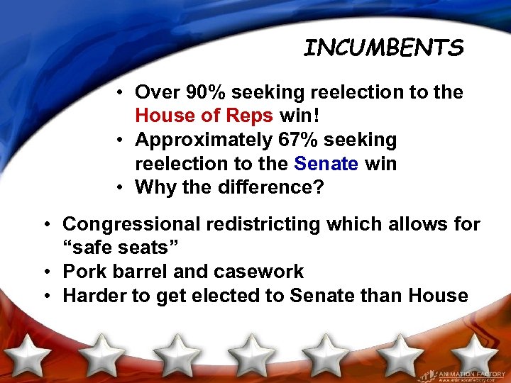 INCUMBENTS • Over 90% seeking reelection to the House of Reps win! • Approximately