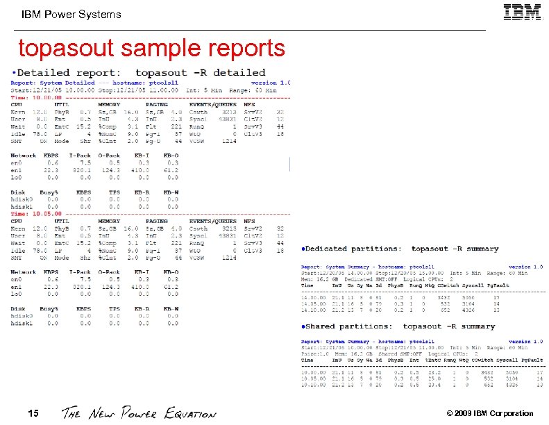 IBM Power Systems topasout sample reports 15 © 2009 IBM Corporation 