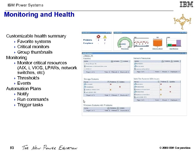 IBM Power Systems Monitoring and Health Customizable health summary 4 Favorite systems 4 Critical